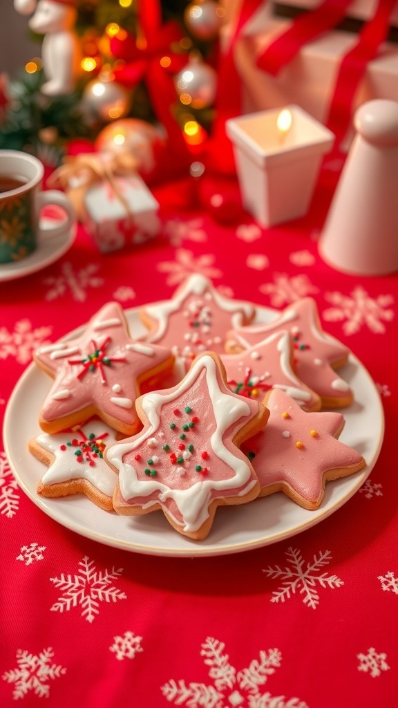 A festive plate of pink Christmas cookies decorated with icing and sprinkles on a red tablecloth.
